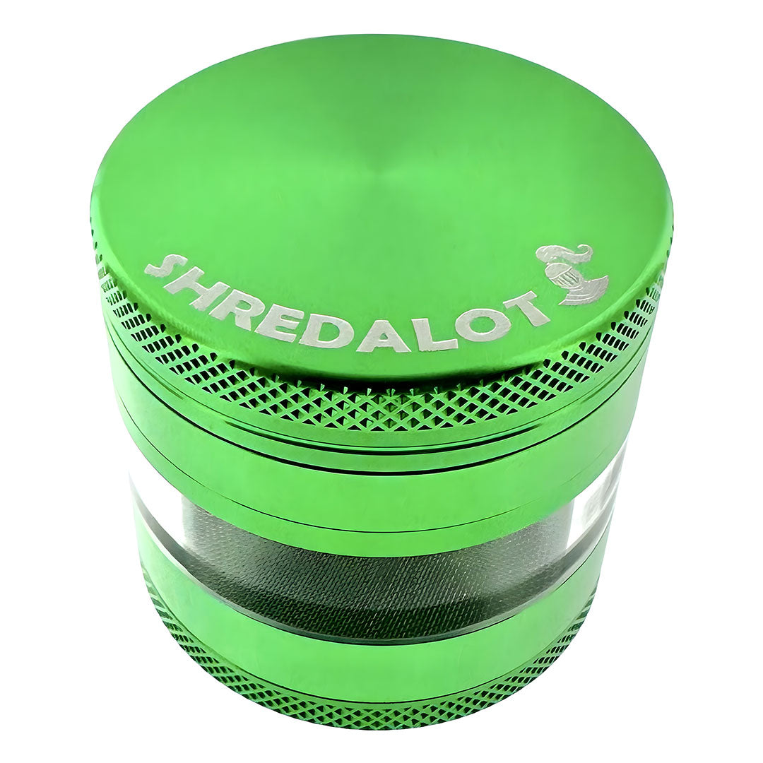 Sir Shredalot 4-Part Clear Chamber Grinder in vibrant green with fine mesh screen - Top View