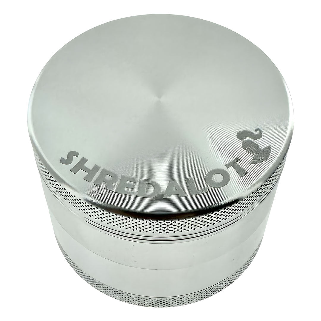 Sir Shredalot 4-part 63mm Grinder with textured grip and fine mesh screen, top view