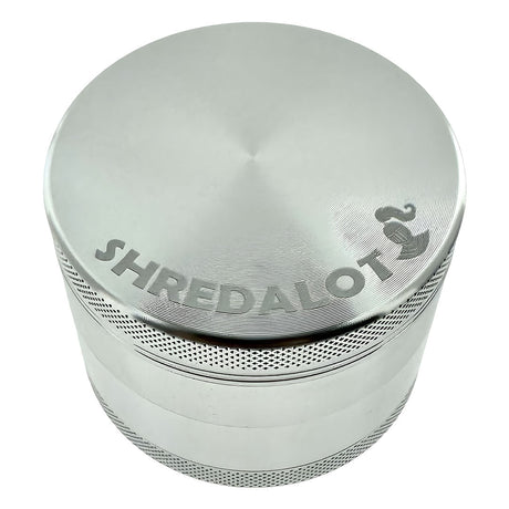 Sir Shredalot 4-part 63mm Grinder with textured grip and fine mesh screen, top view