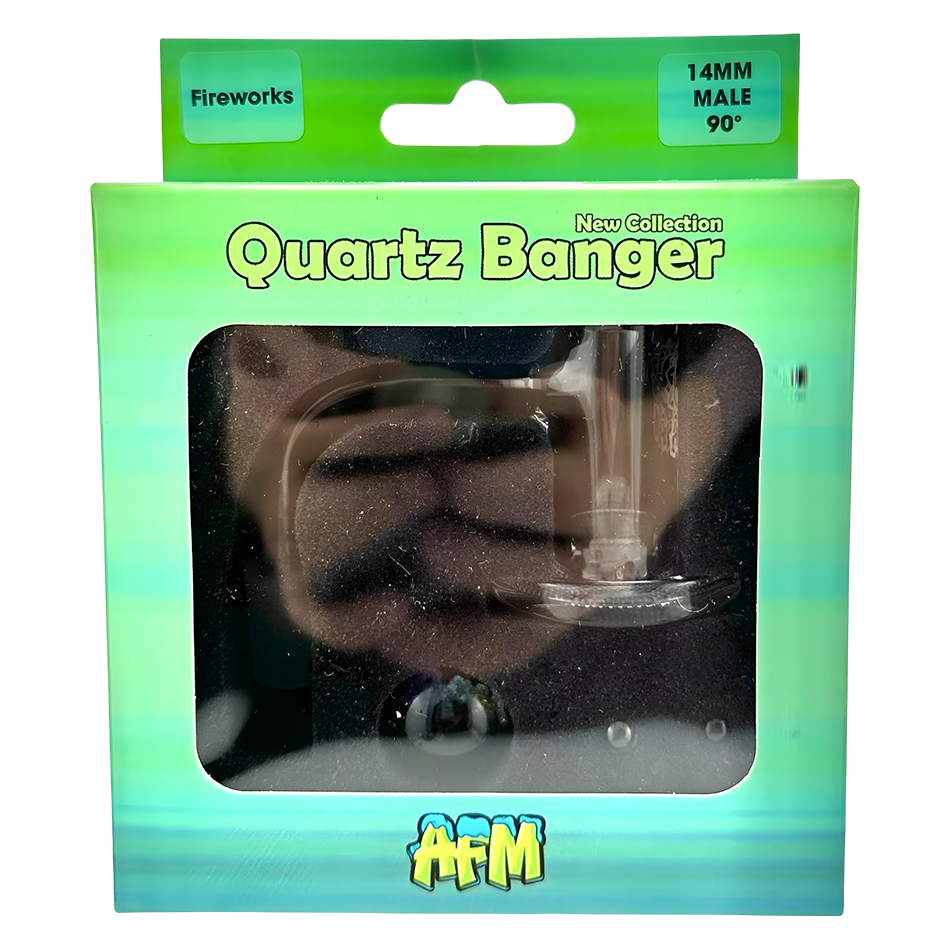 AFM Fireworks Quartz Dab Banger Set in packaging, 14MM Male 90° angle, for dab rigs