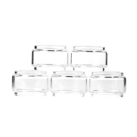 Stack of Medusa Customs borosilicate glass tanks for vaporizers, clear variant, white background