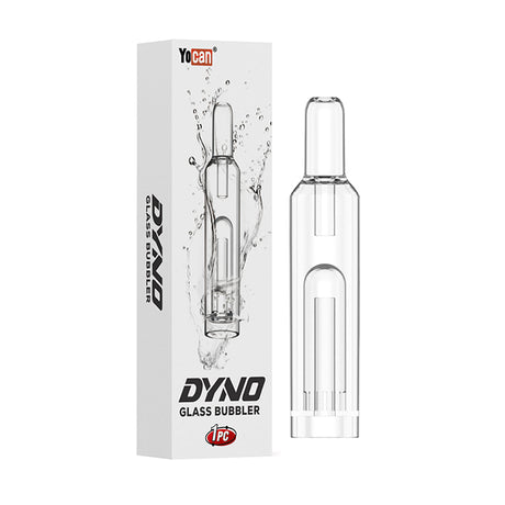 Yocan Dyno Glass Bubbler for vaporizers, clear borosilicate glass, front view with packaging