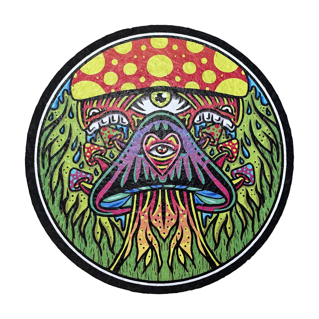 East Coasters 8 inch Fungal Forest Dab Mat, vibrant psychedelic mushroom design, top view