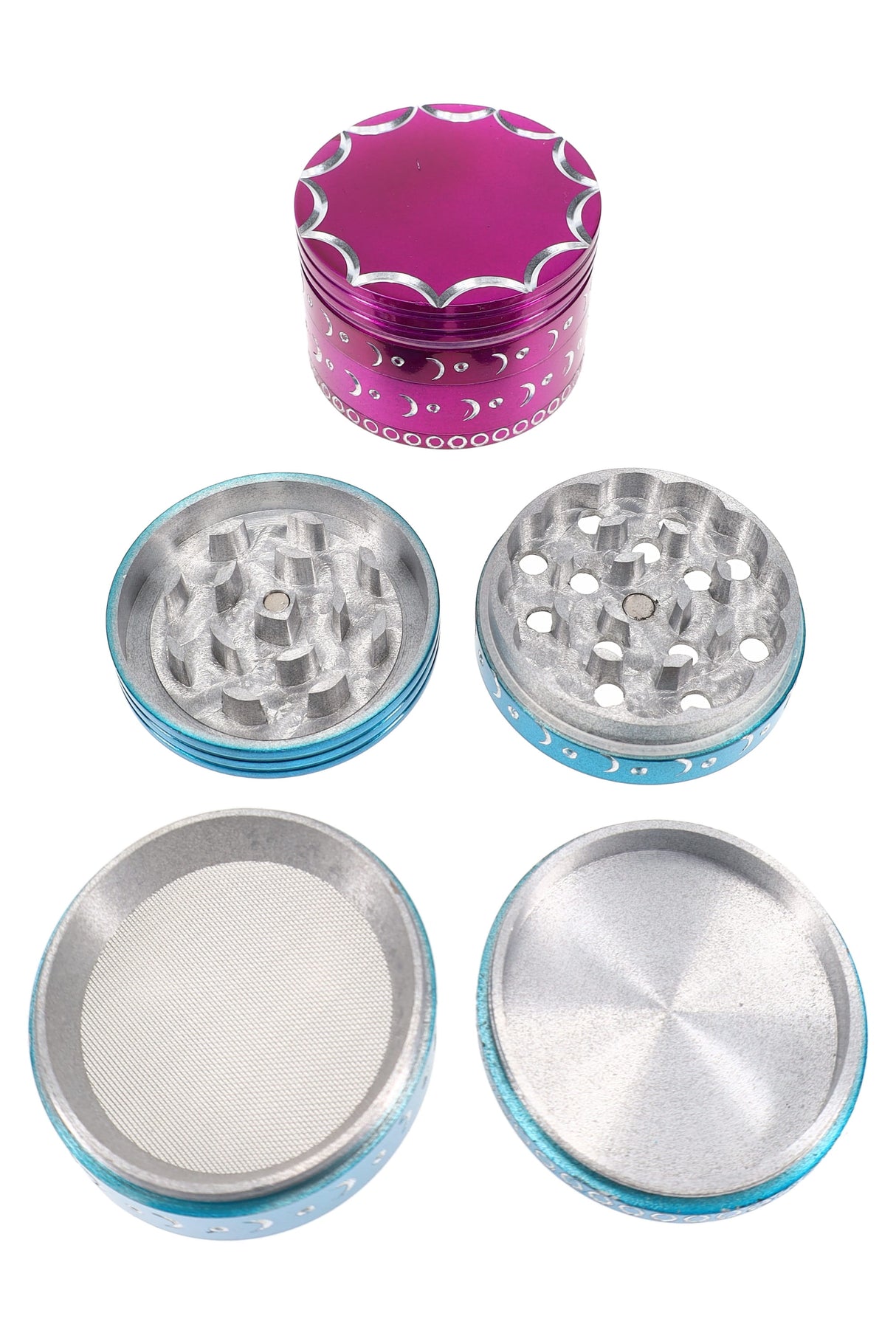 Diamond-Cut 4-Part Metal Herb Grinder “Moon Phase” – Assorted Colors