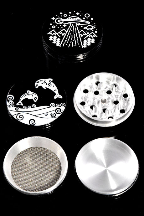 Black 4-Part Decal Metal Herb Grinder “Ink Caps” – 1¾″, 2″, 2½″ – Assorted