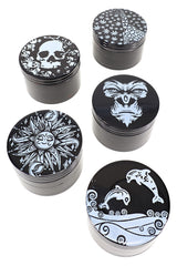 Black 4-Part Decal Metal Herb Grinder “Ink Caps” – 1¾″, 2″, 2½″ – Assorted