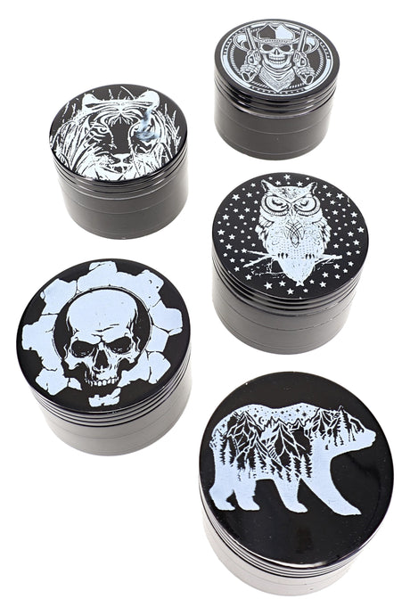 Black 4-Part Decal Metal Herb Grinder “Ink Caps” – 1¾″, 2″, 2½″ – Assorted