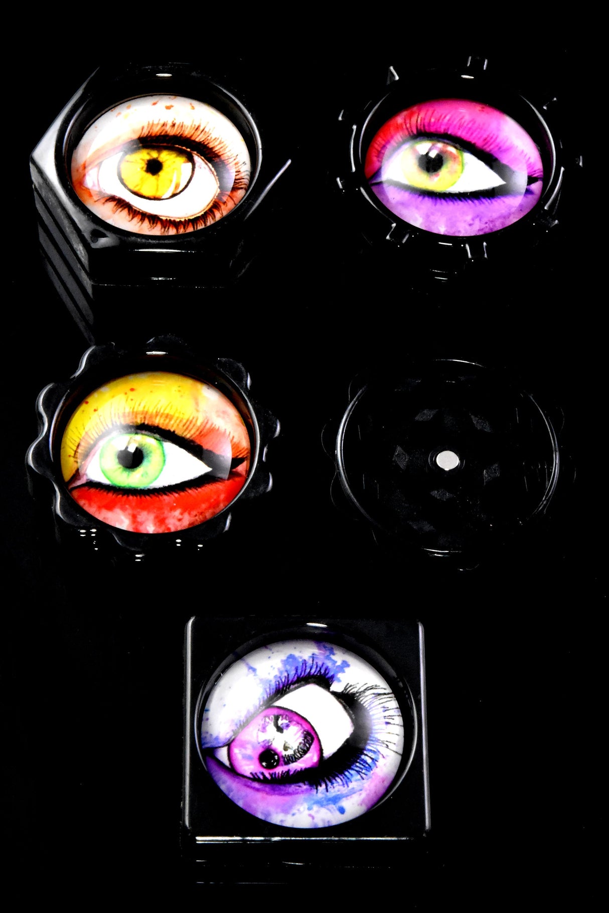 Plastic Mini 2-Part Herb Grinder Gift Set “All-Seeing Eyes” – 4-Pack – Assorted