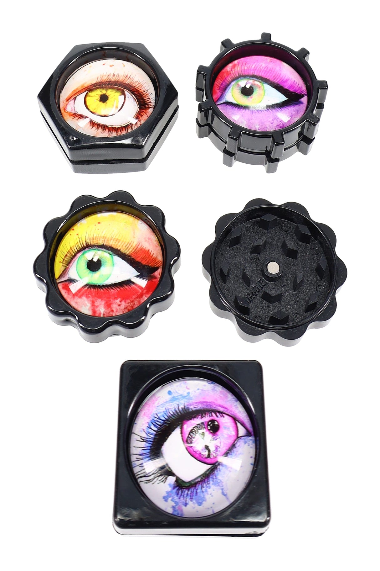Plastic Mini 2-Part Herb Grinder Gift Set “All-Seeing Eyes” – 4-Pack – Assorted
