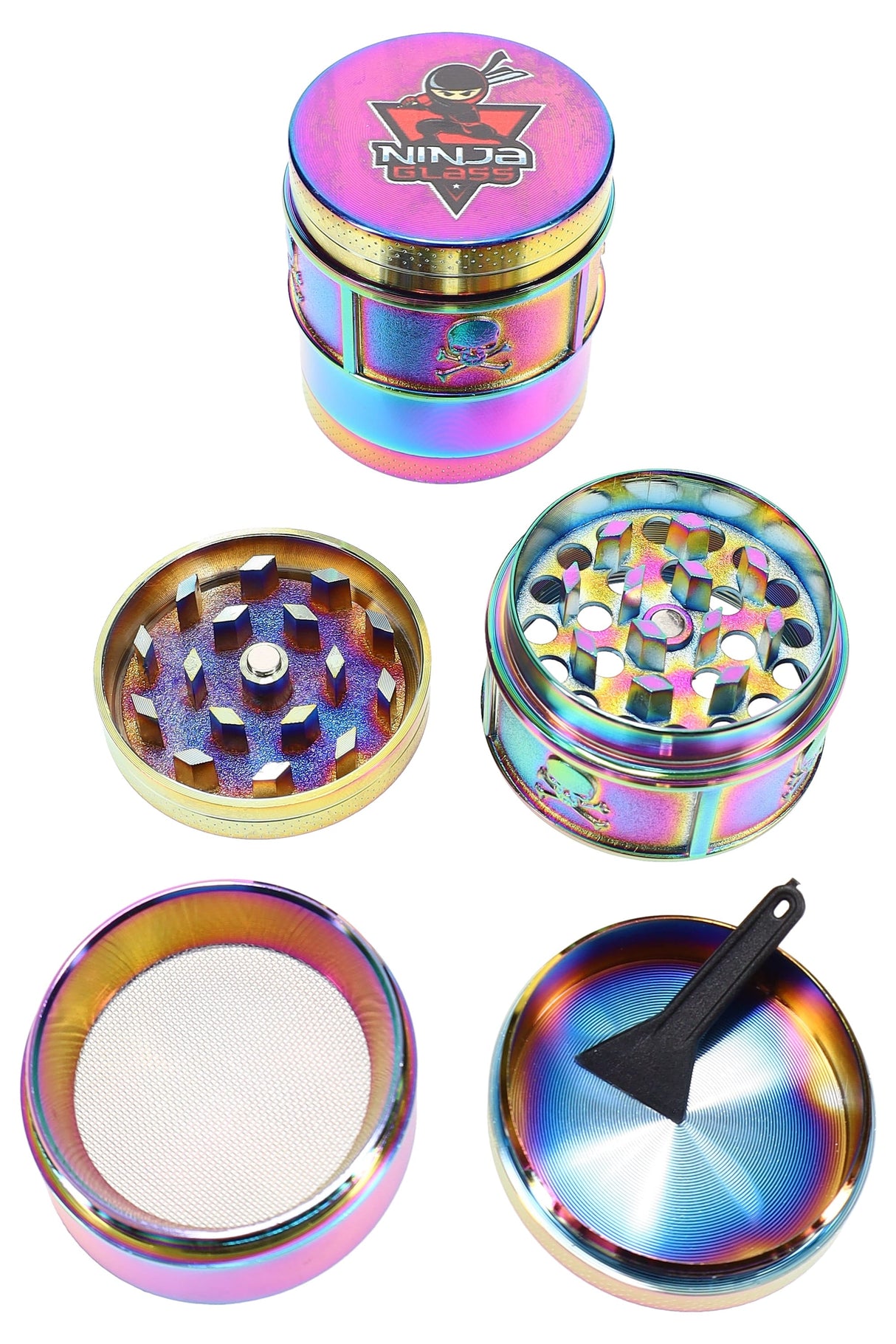 Ninja Glass Rainbow 4-Part Metal Herb Grinder – 1½″