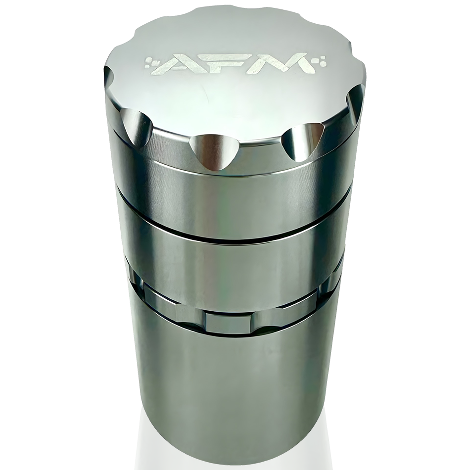 AFM 5-Piece Aluminum Herb Grinder with laser-etched logo, front view on white background