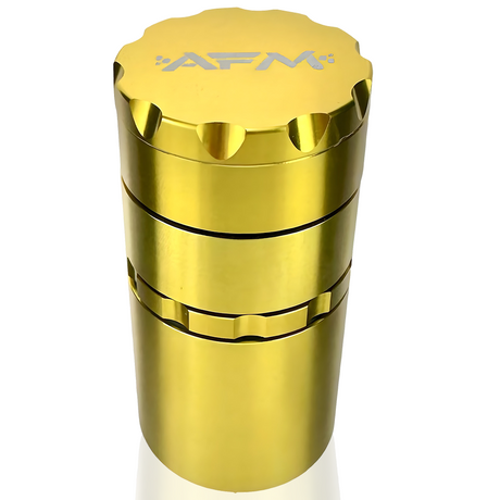 AFM 5-Piece Aluminum Herb Grinder in Gold - Front View with Engraved Logo