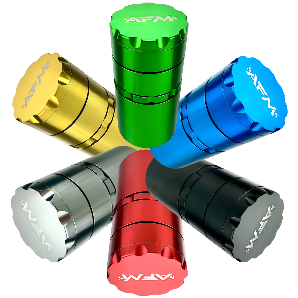 AFM 5-Piece Aluminum Herb Grinders in various colors displayed in a star formation