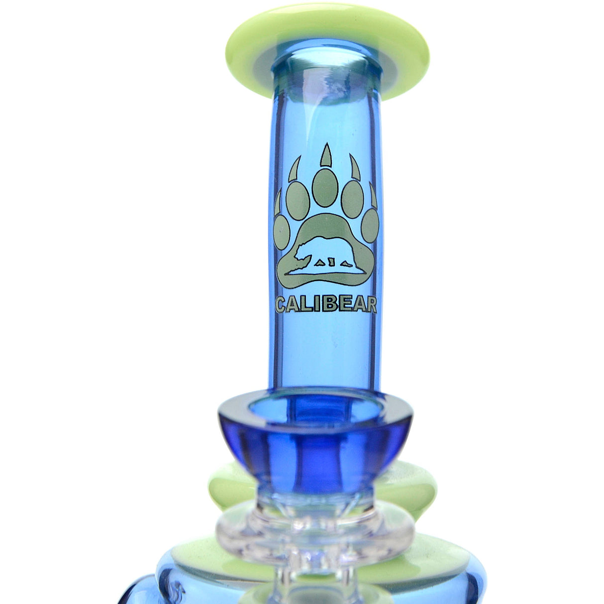 Calibear Opal Showerhead Recycler Bong with Bent Neck and Blue Accents - Front View