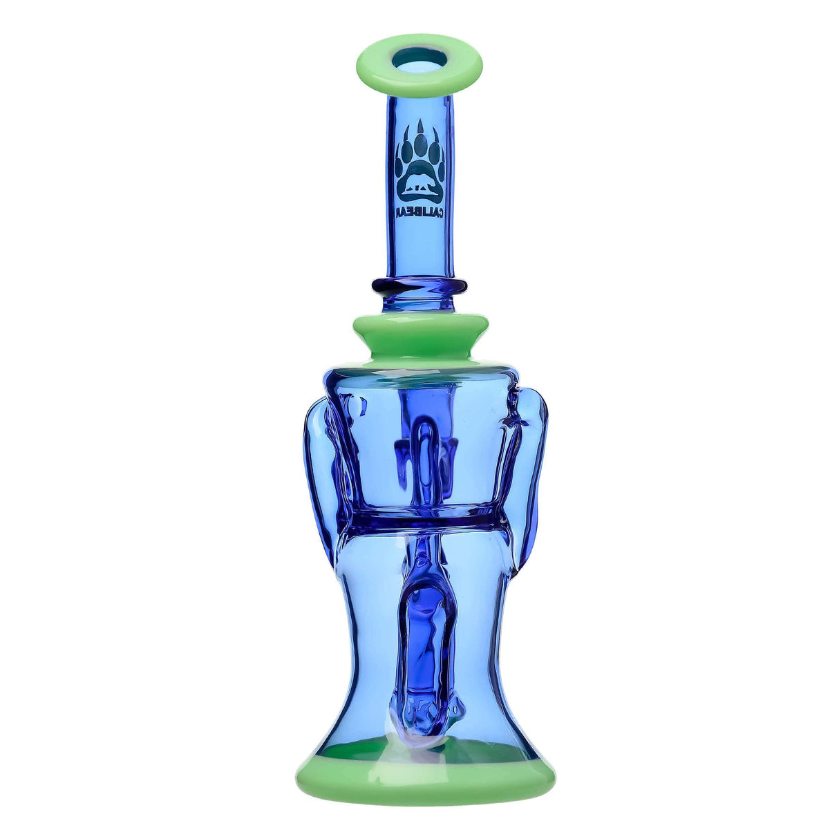 Calibear Opal Showerhead Recycler Bong with Bent Neck and Colored Glass, Front View on White Background