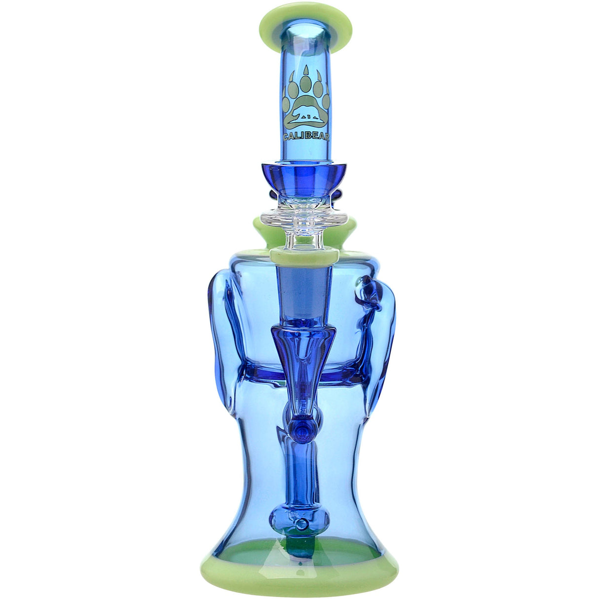 Calibear Opal Showerhead Recycler Bong, 8" Tall, Bent Neck, Blue Borosilicate Glass, Front View