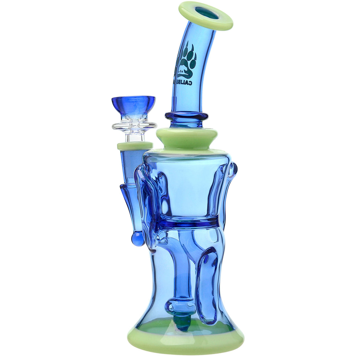 Calibear Opal Showerhead Recycler Bong, 8" Tall with Bent Neck - Front View on White