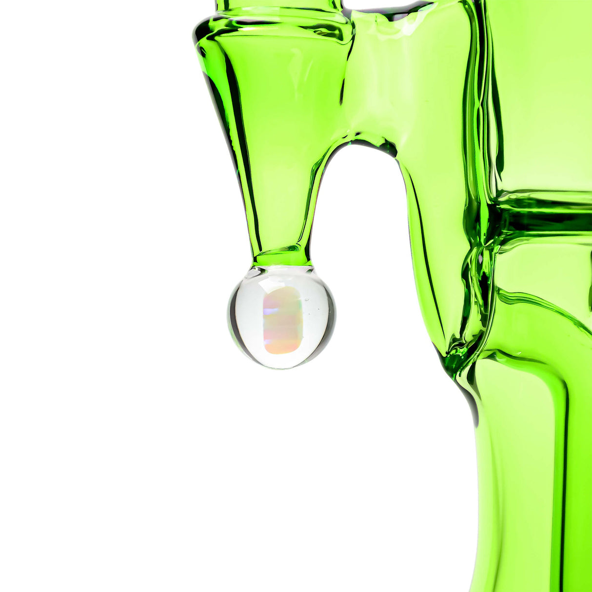 Close-up of Calibear Opal Showerhead Recycler bong with vibrant green glass and opal detail