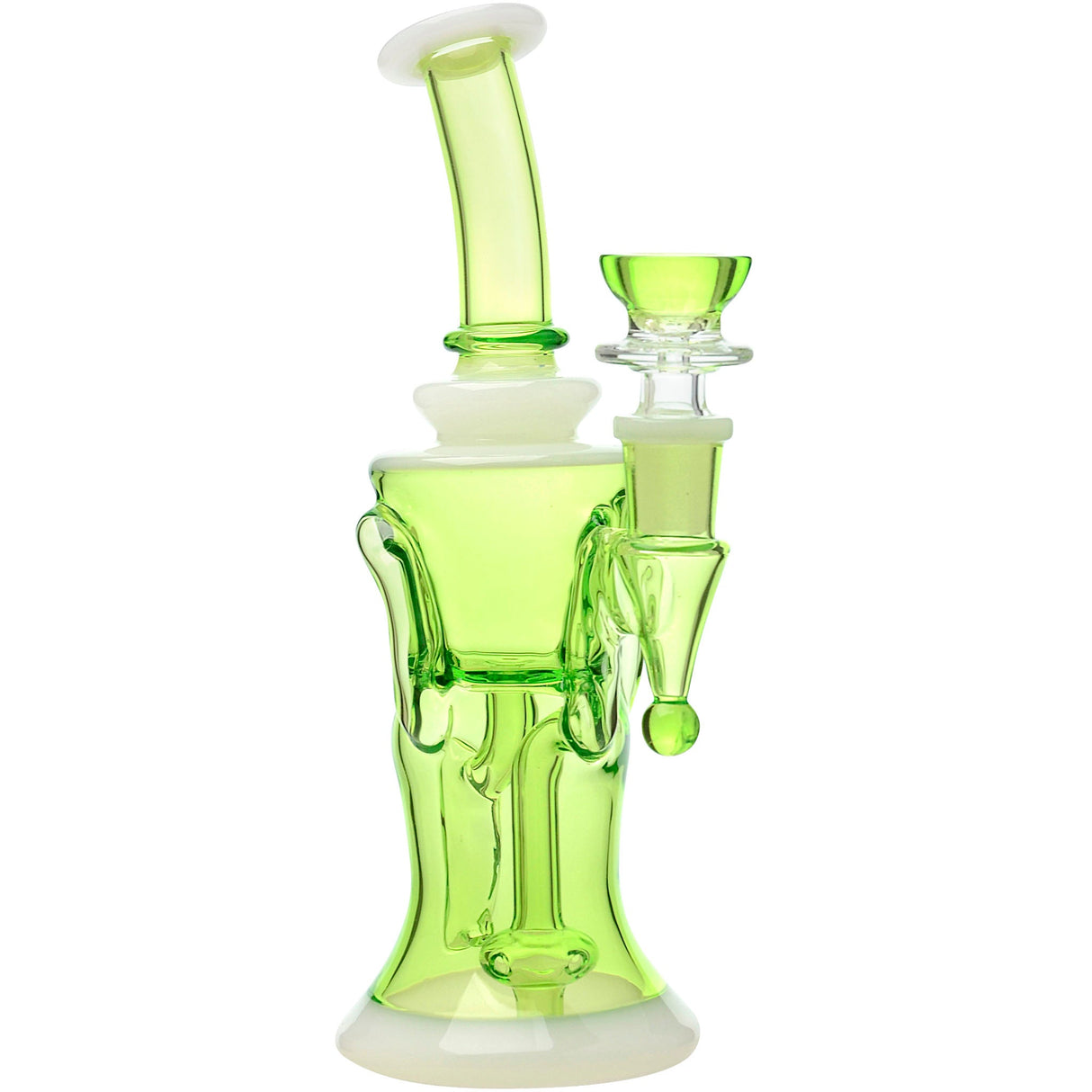 Calibear Opal Showerhead Recycler Bong in Neon Green with Bent Neck and Banger Hanger