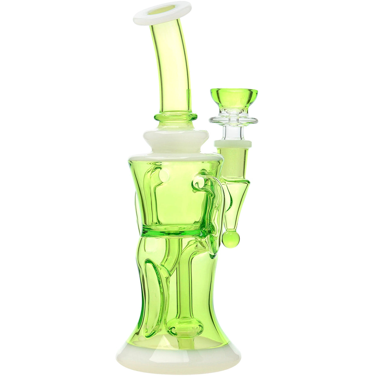 Calibear Opal Showerhead Recycler Bong in Vibrant Green, 8" Tall with Bent Neck, Front View