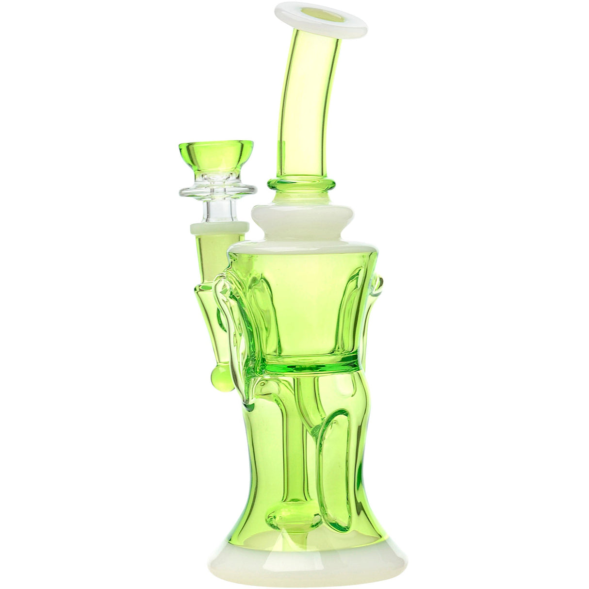 CaliBear Opal Showerhead Recycler Bong, 8" Tall with Bent Neck in Neon Green - Front View