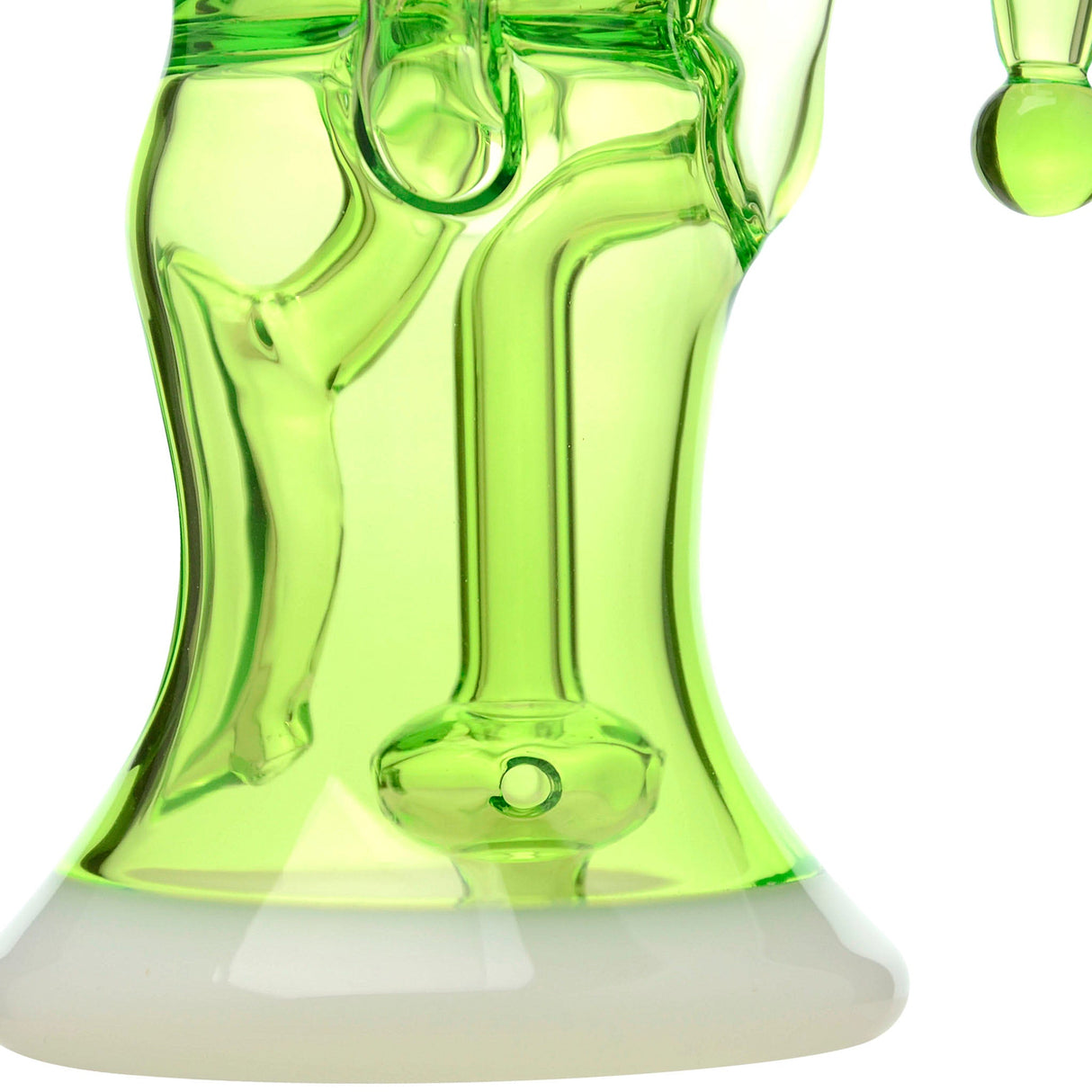 Calibear Opal Showerhead Recycler bong with bent neck and green colored glass, side view