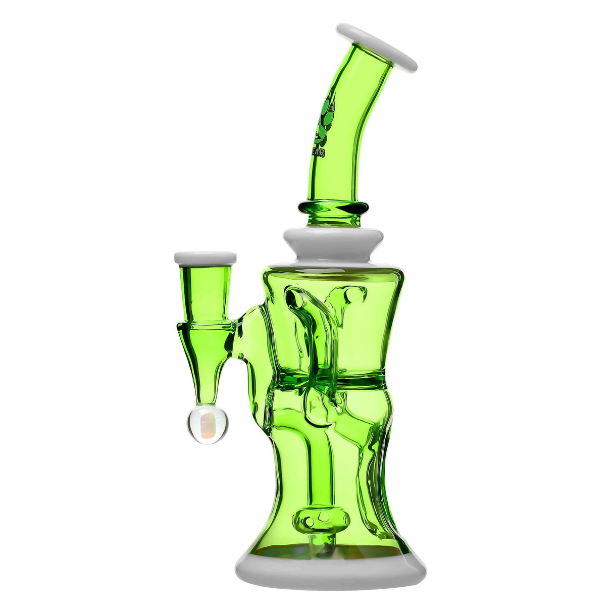 Calibear Opal Showerhead Recycler Bong in vibrant green with bent neck and banger hanger, front view