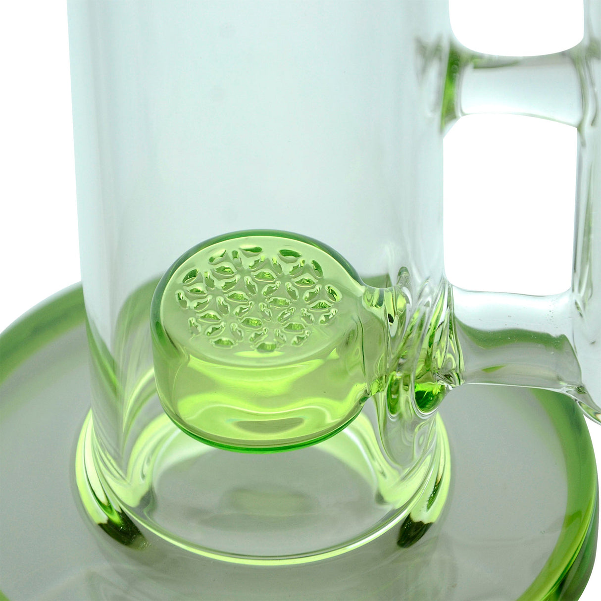 Close-up of Calibear Showerhead Percolator Bong's 14mm female joint with green color accents