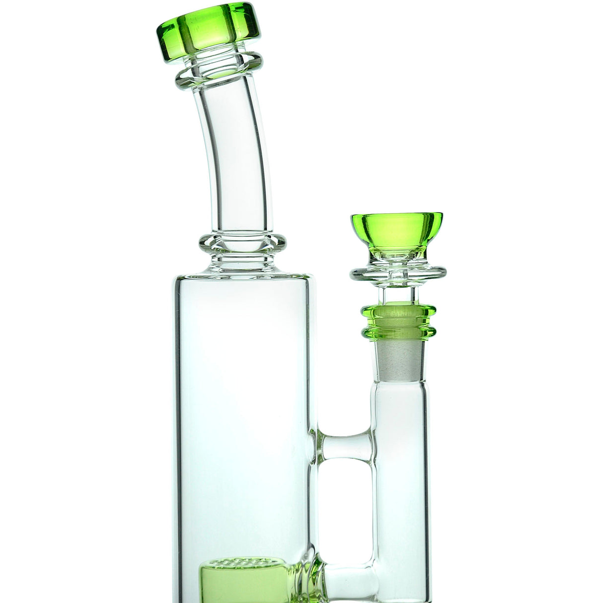 Calibear Borosilicate Glass Bong with Showerhead Percolator and Green Accents - Side View