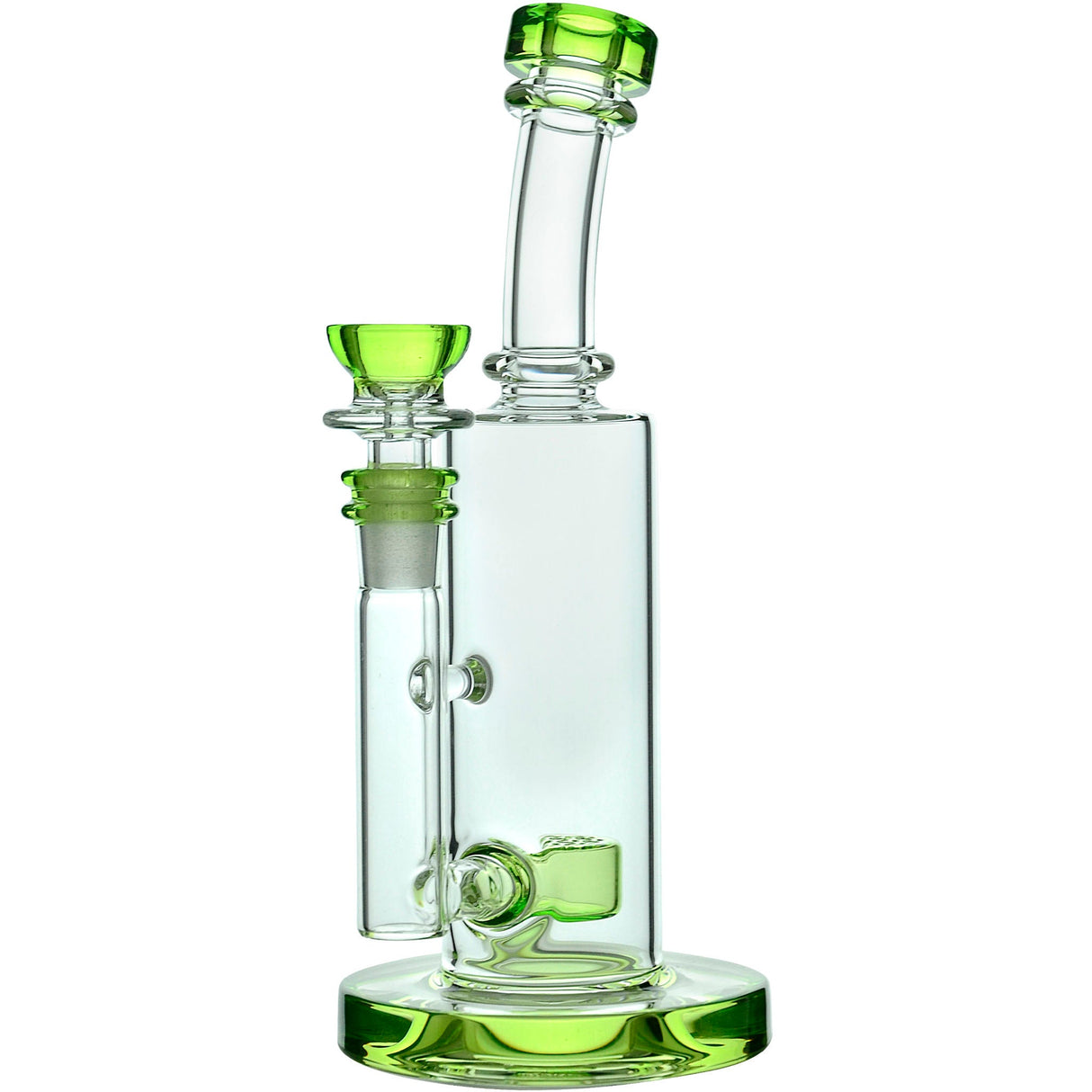 Calibear Showerhead Percolator Bong with green accents and bent neck design, front view