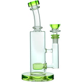 Calibear Showerhead Percolator Bong with green color accents and bent neck design, front view