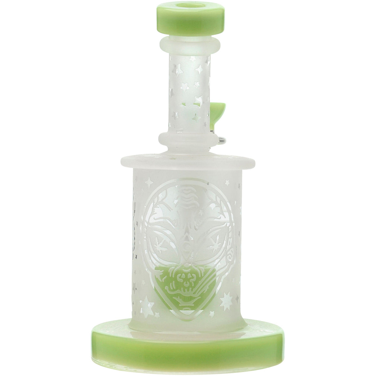 Calibear Sandblasted Flower Of Life Mini Can Bong with Bent Neck and Green Accents, Front View