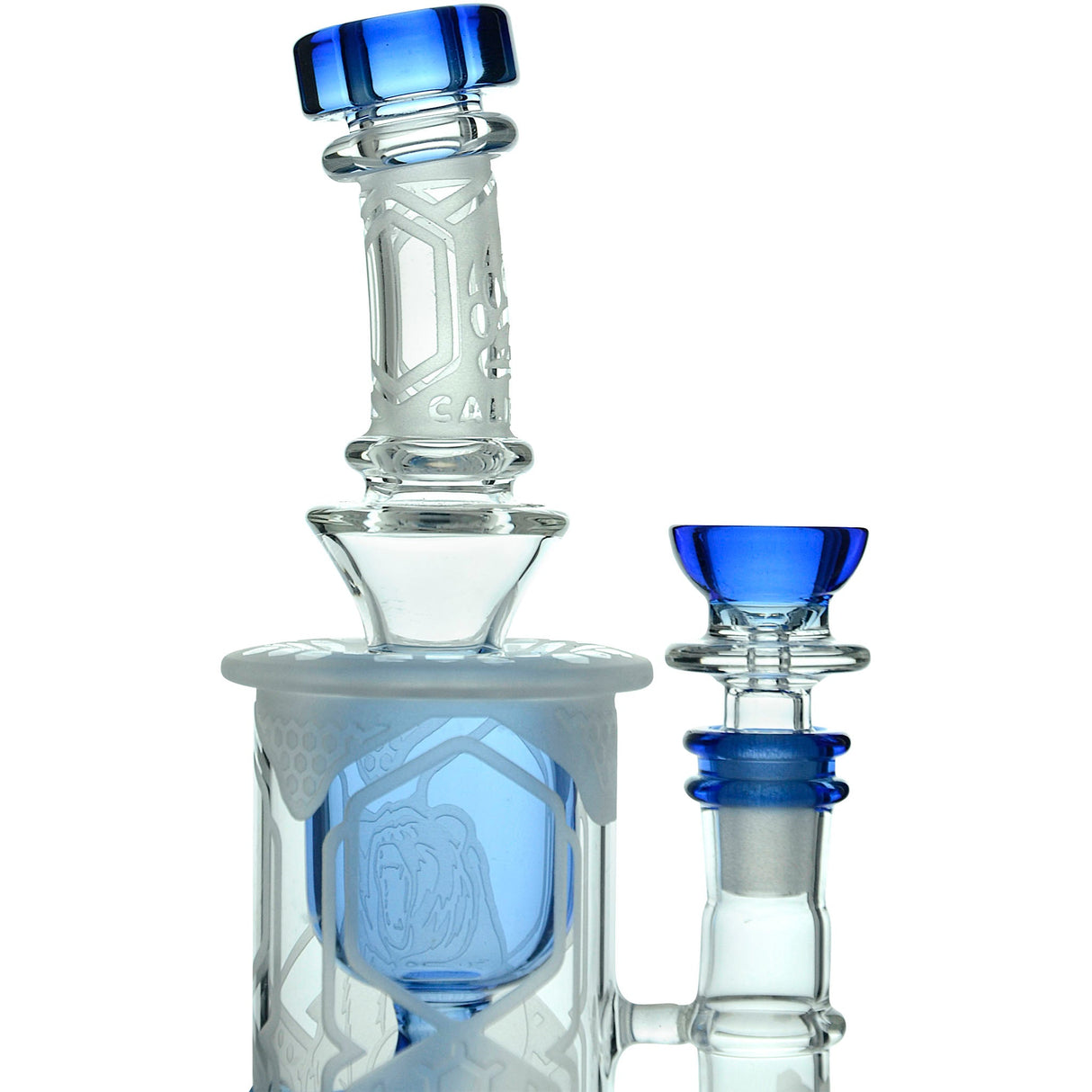 Calibear Klein Recycler Bong with Showerhead Perc, Sandblasted Design, and Blue Accents