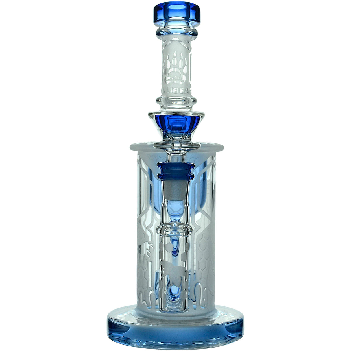 Calibear Sandblasted Showerhead Klein Recycler Bong with Blue Accents, Front View