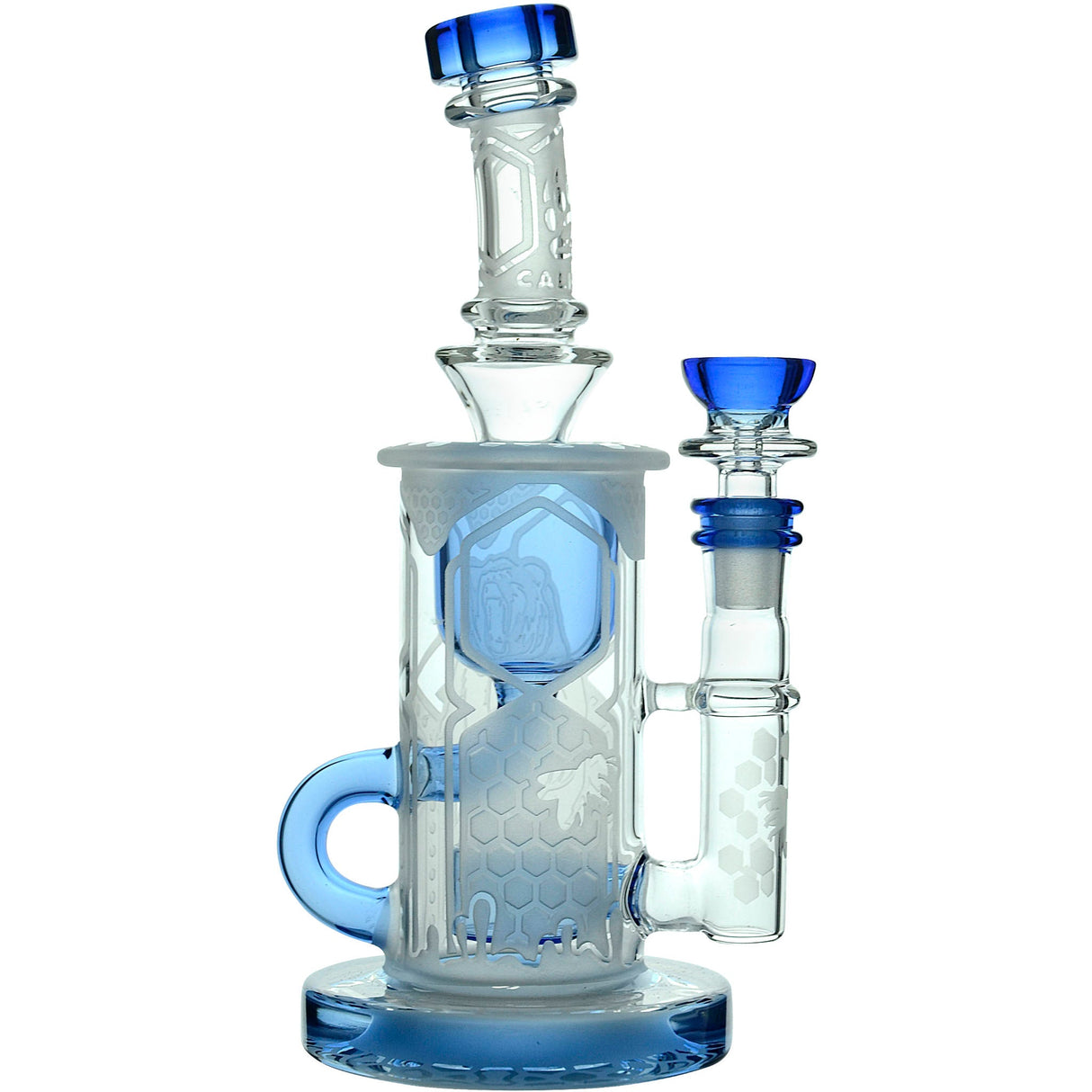 Calibear Sandblasted Bong featuring Showerhead Perc and Klein Recycler Design with Blue Accents