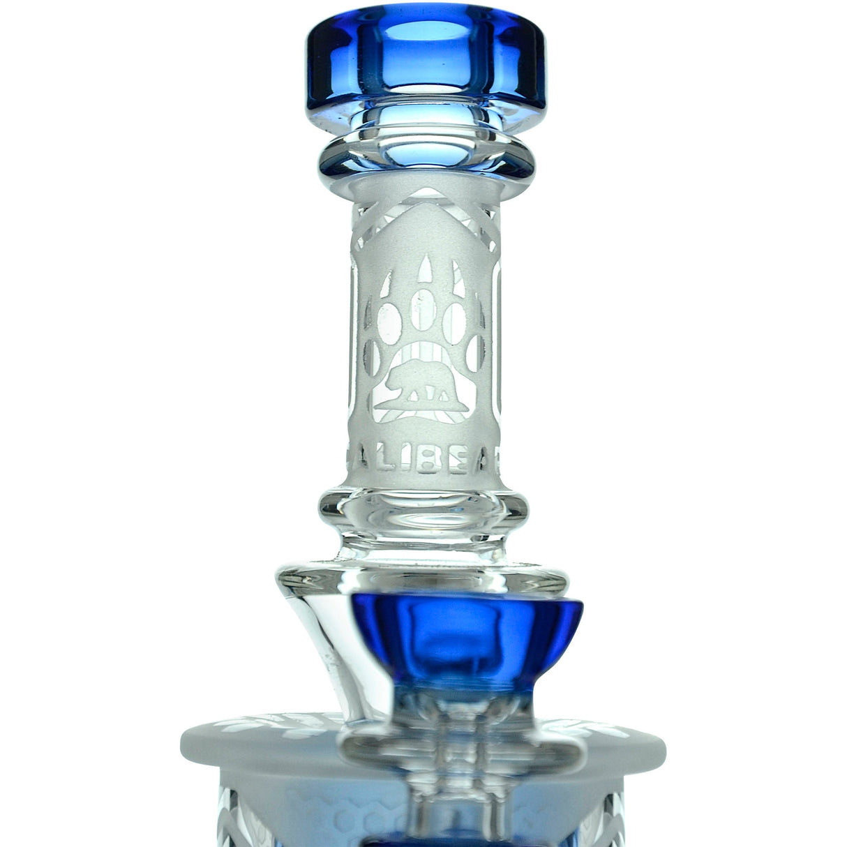 Calibear Sandblasted Showerhead Klein Recycler Bong with Blue Accents - Close-Up