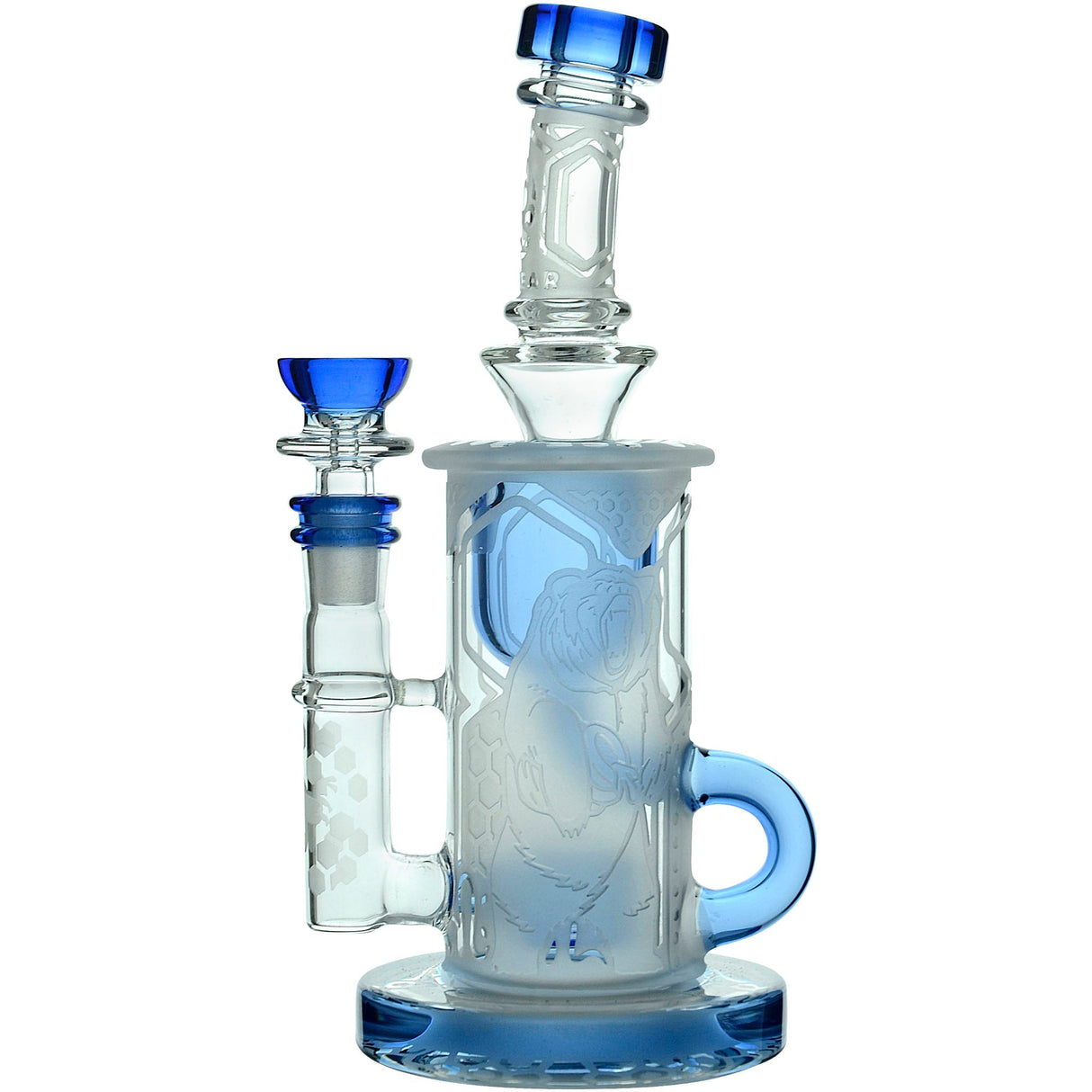 Calibear Flower Of Life Klein Recycler with Sandblasted Design, Blue Accents, and Bent Neck