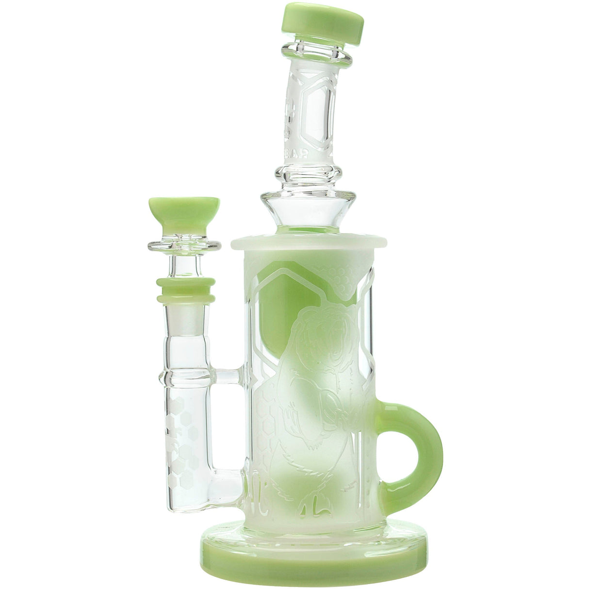 Calibear Sandblasted Showerhead Klein Recycler Bong with Bent Neck and Banger, Front View