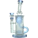 Calibear Sandblasted Bong featuring Showerhead Perc, Bent Neck, and Blue Accents, Front View