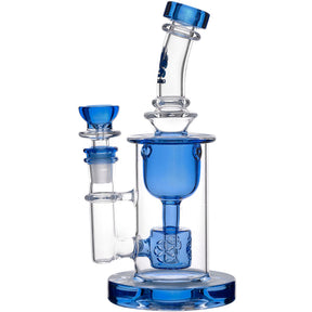 Calibear Seed Of Life Torus Can Dab Rig in dark blue with its bowl set beside it