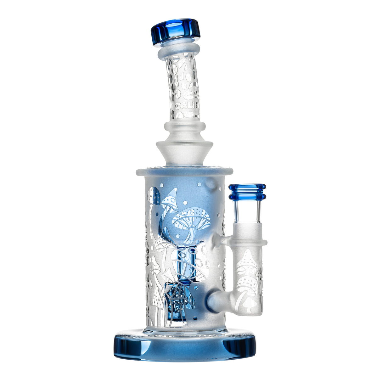 Calibear Sandblasted Bong with Seed of Life Perc, Bent Neck, and Blue Accents, Front View