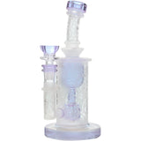 Calibear Sandblasted Bong featuring Seed Of Life Perc, Bent Neck, and Purple Accents, Front View