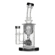 Calibear Sandblasted Seed Of Life Perc Torus Can Bong in Transparent Black, Front View with Bent Neck