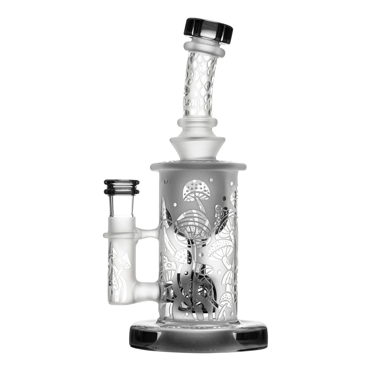 Calibear Sandblasted Seed Of Life Perc Torus Can Bong in Transparent Black, Front View with Bent Neck