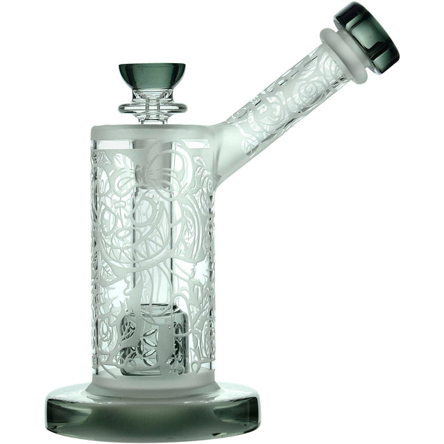 Calibear Sandblasted Seed of Life Percolator Bubbler with intricate designs, 14mm female joint, front view