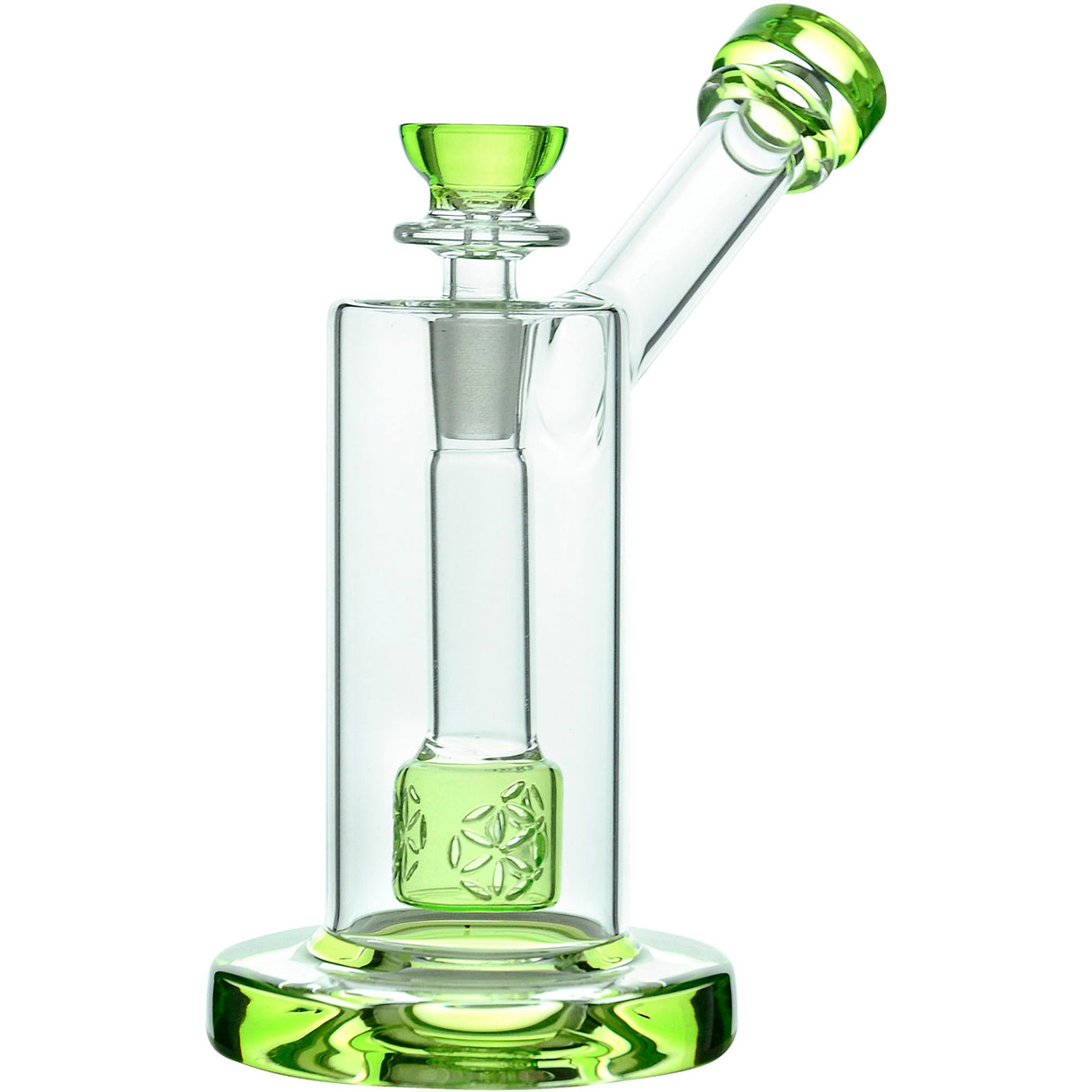 CaliBear Seed of Life Percolator Bubbler with green accents, 14mm joint, front view on white background