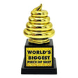 Novelty trophy with golden poop on black base, front view - perfect gag gift for stoner dads