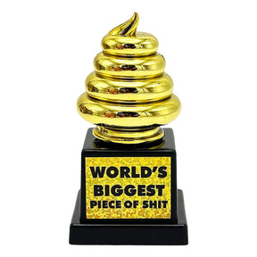 Novelty trophy with golden poop on black base, front view - perfect gag gift for stoner dads