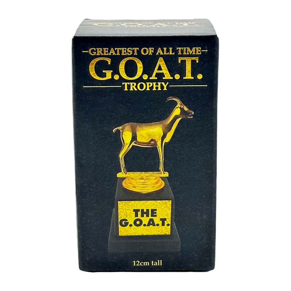 G.O.A.T. Trophy - Polyresin Golden Goat on Pedestal - Front View on Black Packaging