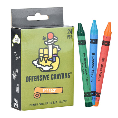 12PC Box of Offensive Crayons Pot Pack with three colorful blunt crayons displayed in front
